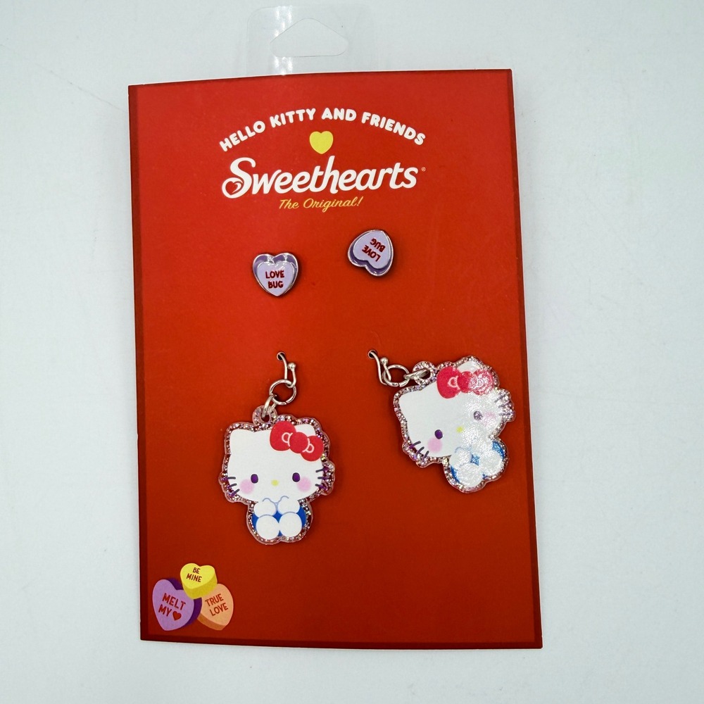 Hello Kitty x Sweethearts Earring Set Sanrio Love Bug Heart Studs Dangle Glitter